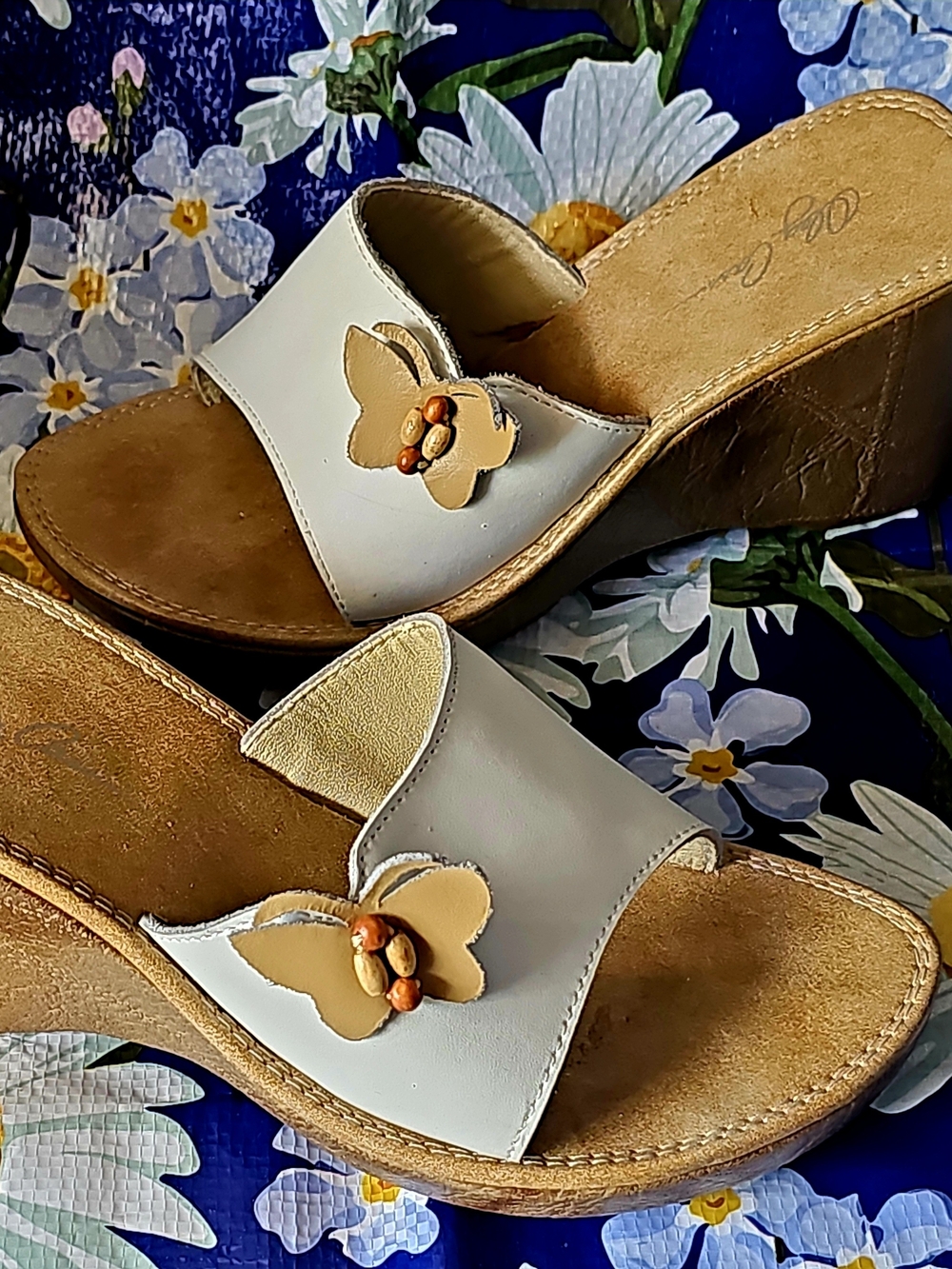 Oleg Cassini White Wedge Sandals with Tan Butterfly Accent